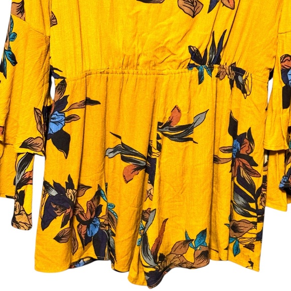 Very J Bohemian Mustard Floral Print Long Ruffled Layered Bell Sleeve Romper - Picture 9 of 12